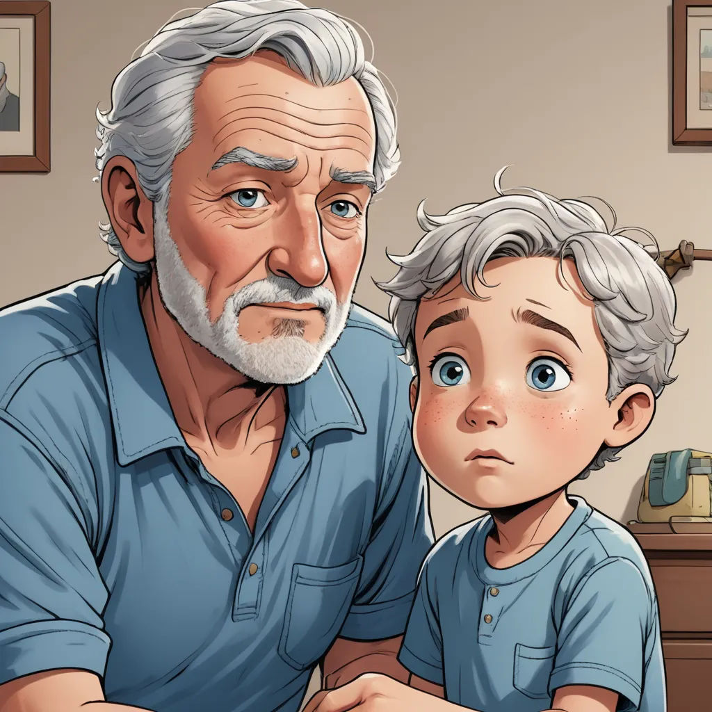a man and a boy are sitting at a table with a laptop computer on it and a picture of a man and a boy on the table, hyperrealism, a comic book panel, Cliff Childs, graphic novel