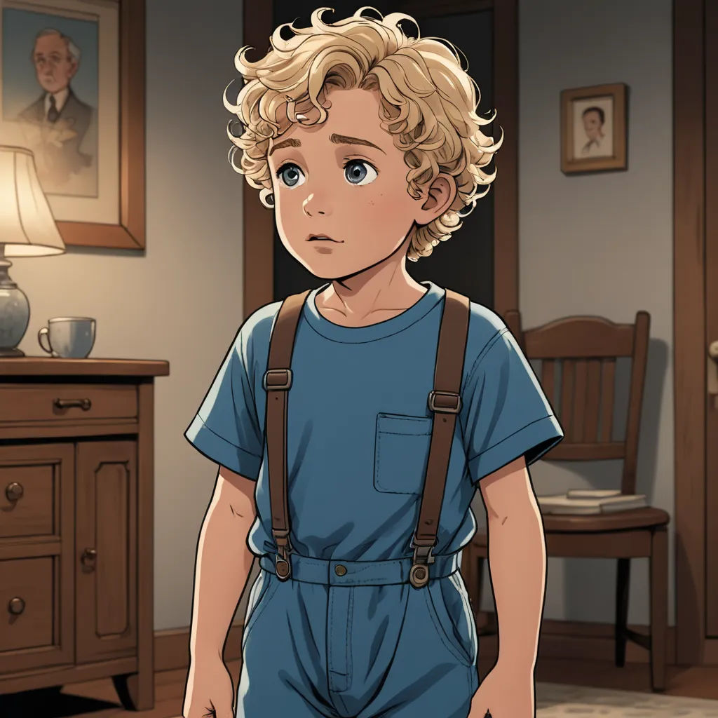 a boy with a blue shirt and brown suspenders standing in a room with a dresser and a chair, sots art, a character portrait, Brothers Hildebrandt, cushart krenz