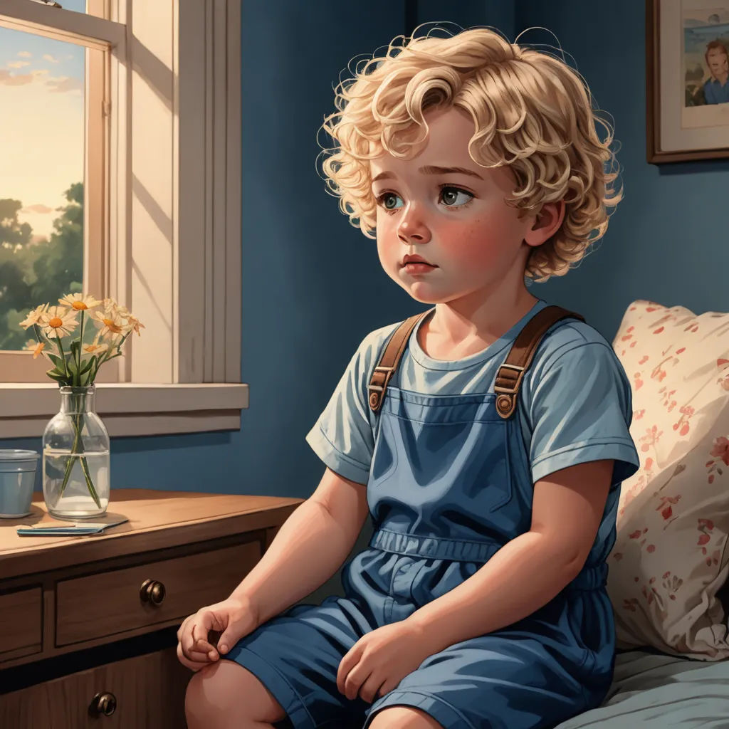a painting of a little boy sitting on a bed with a vase of flowers in front of him and a window behind him, photorealism, a storybook illustration, Aaron Jasinski, highly detailed digital painting