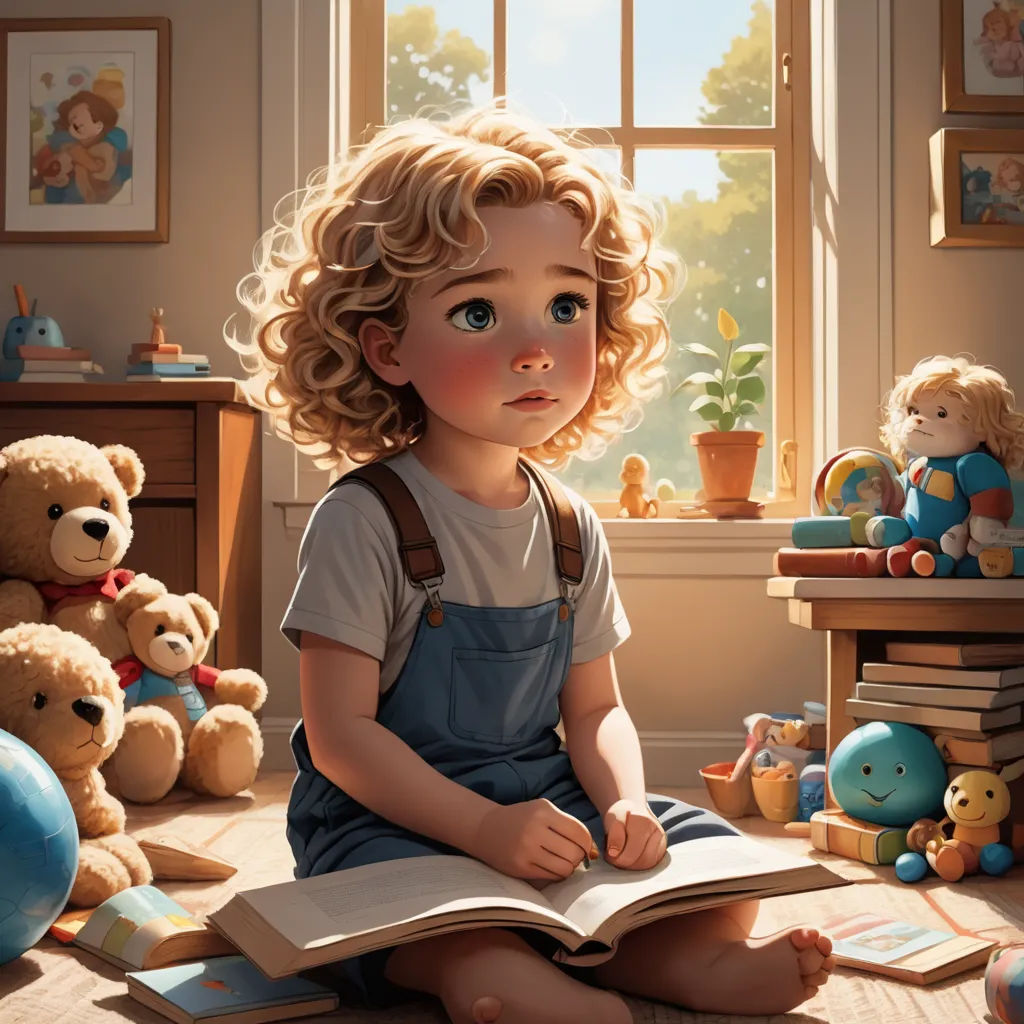 a painting of a little girl sitting on the floor reading a book with stuffed animals around her and a window behind her, photorealism, a storybook illustration, artist, cgstudio