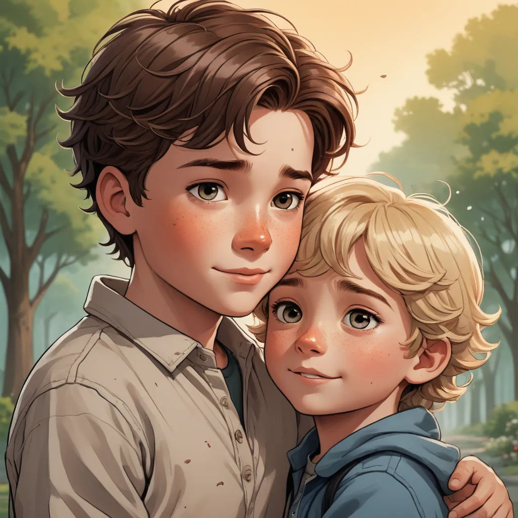 a boy and a girl are hugging in the woods, with trees in the background and a sun shining through the trees, sots art, a storybook illustration, Brothers Hildebrandt, official art