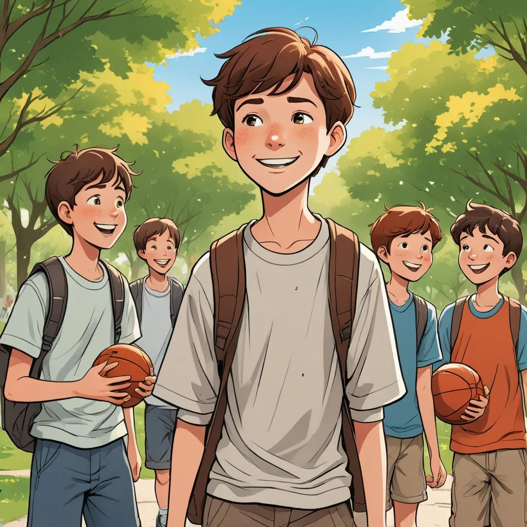 a boy with a backpack and a basketball in front of a group of boys with backpacks and balls, rayonism, a comic book panel, David Park, comic cover art