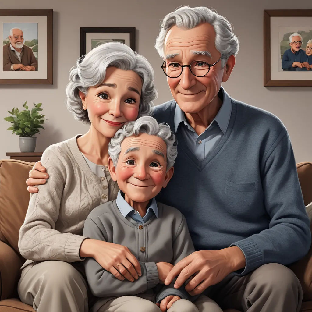 a painting of an elderly couple and a young boy sitting on a couch with a plant in the corner, photorealism, a storybook illustration, Barbara Greg, cgstudio