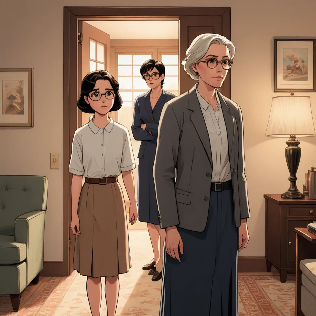 a cartoon of a family standing in a living room with a woman in a dress and a man in a suit, serial art, a comic book panel, Ada Gladys Killins, official art