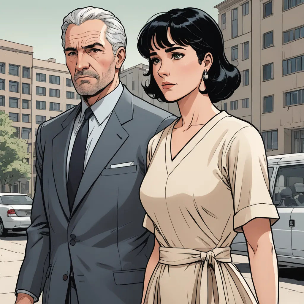 a man and a woman standing next to each other on a street with buildings in the background and a car parked on the side of the road, international gothic, a comic book panel, Chip Zdarsky, graphic novel