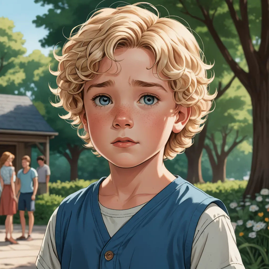 a young boy with blonde hair and blue eyes stands in front of a group of people in a park, american scene painting, a storybook illustration, Aaron Jasinski, ultra realistic illustration