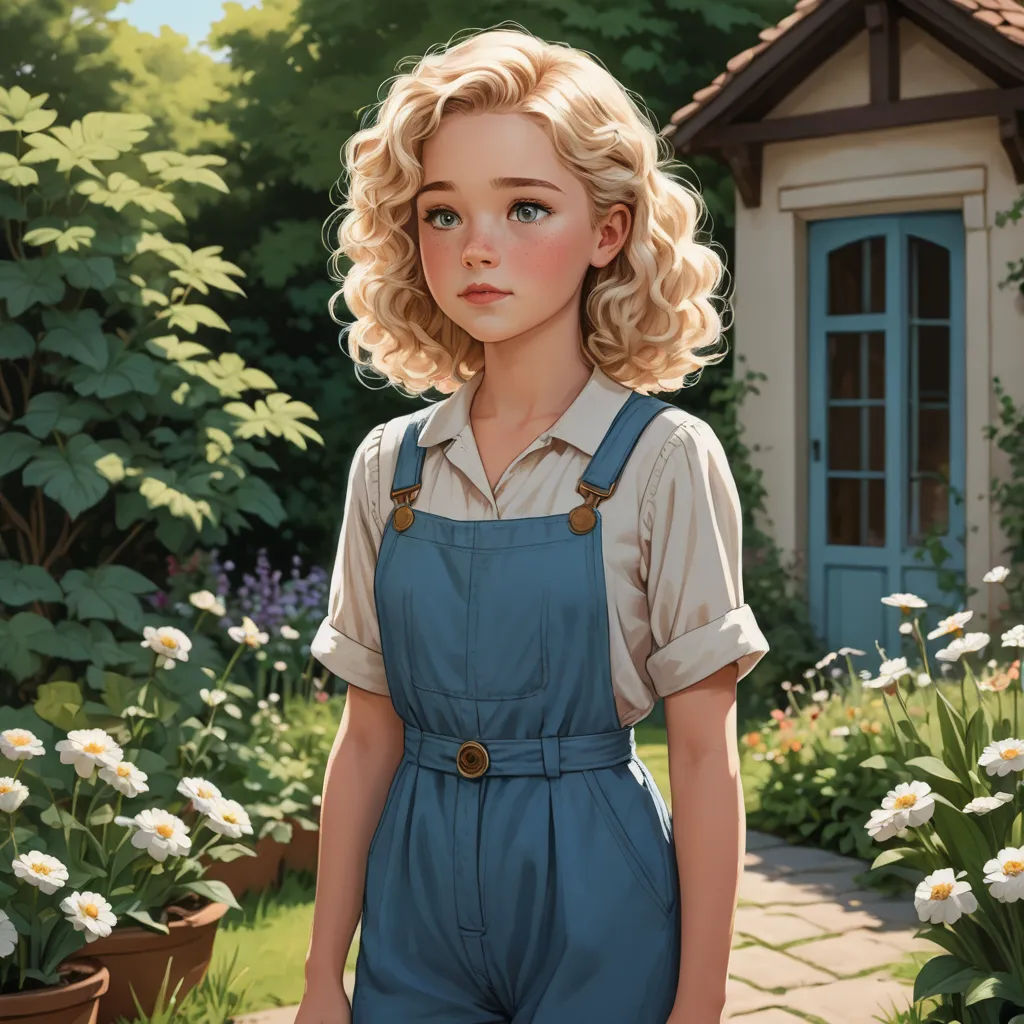 a painting of a girl in a garden with flowers and a house in the background with a blue door, photorealism, a storybook illustration, Charlie Bowater, trending on art station