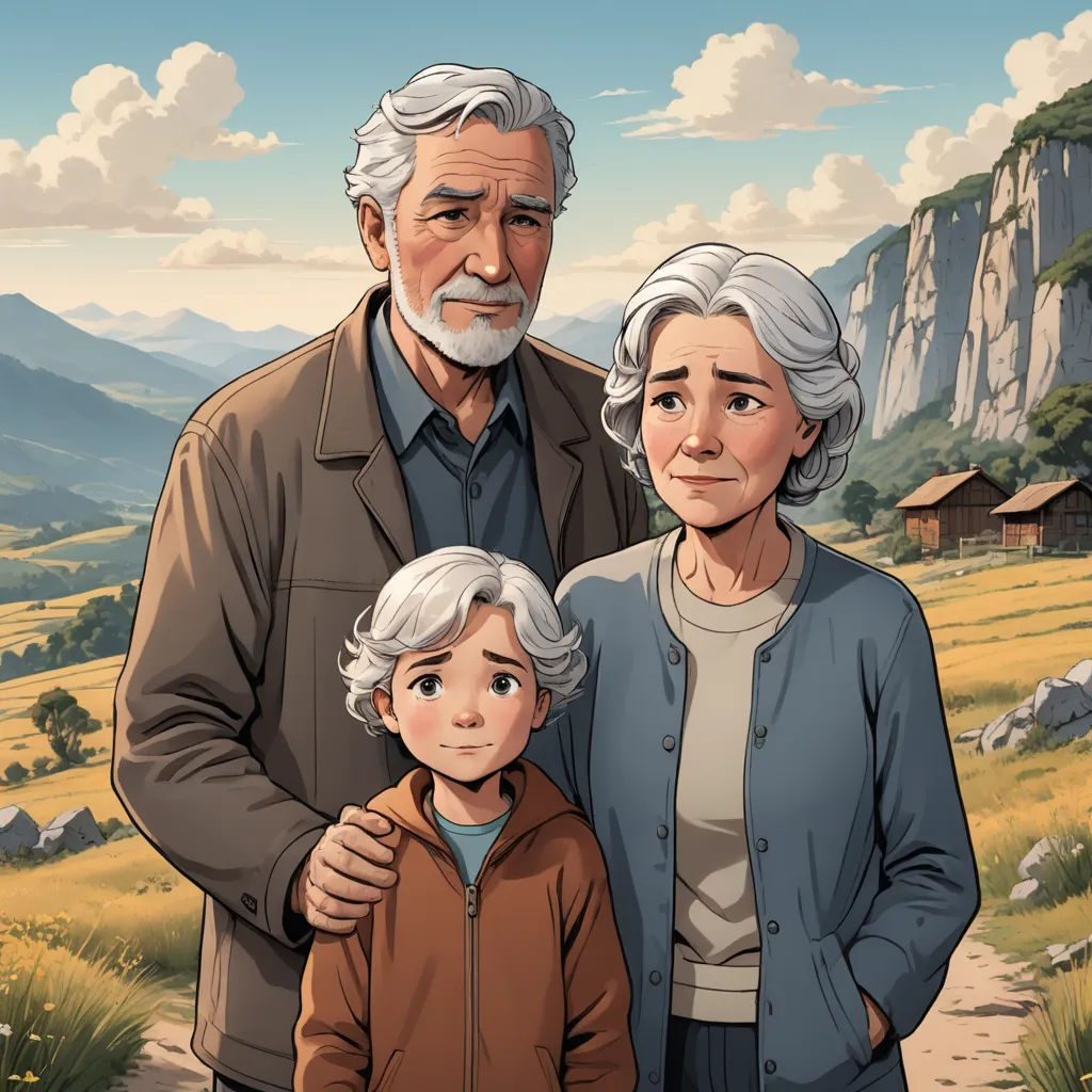 a man and woman standing next to a child in a field with mountains in the background and a sky with clouds, serial art, a storybook illustration, Avgust Černigoj, official art
