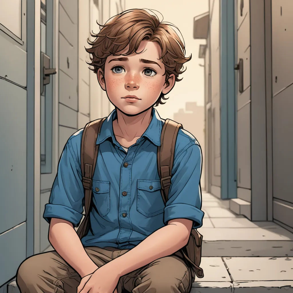 a boy sitting on the ground in a hallway with a backpack on his back and a blue shirt on, hyperrealism, a comic book panel, Cliff Childs, comic cover art