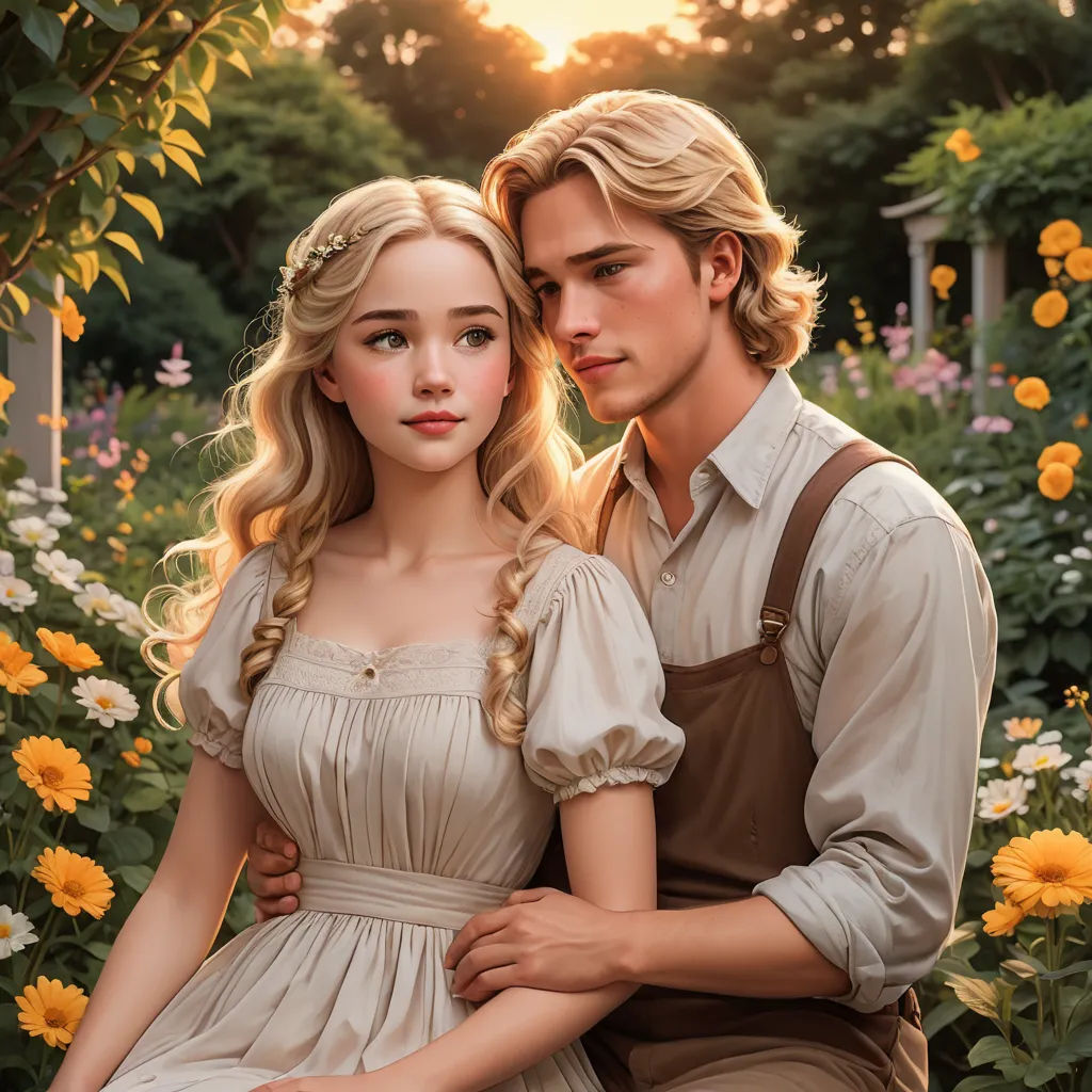 a painting of a couple in a garden with flowers in the background and a sunset in the background, with a woman holding the man's arm, neoclassicism, a poster, Anne Said, promotional image