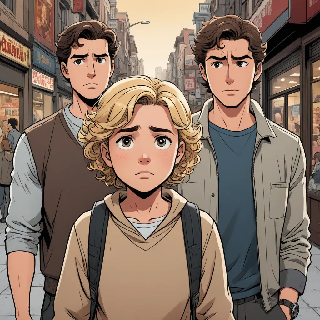 a group of people standing in front of a building on a city street with a man looking at the camera, serial art, a comic book panel, Cedric Seaut (Keos Masons), graphic novel