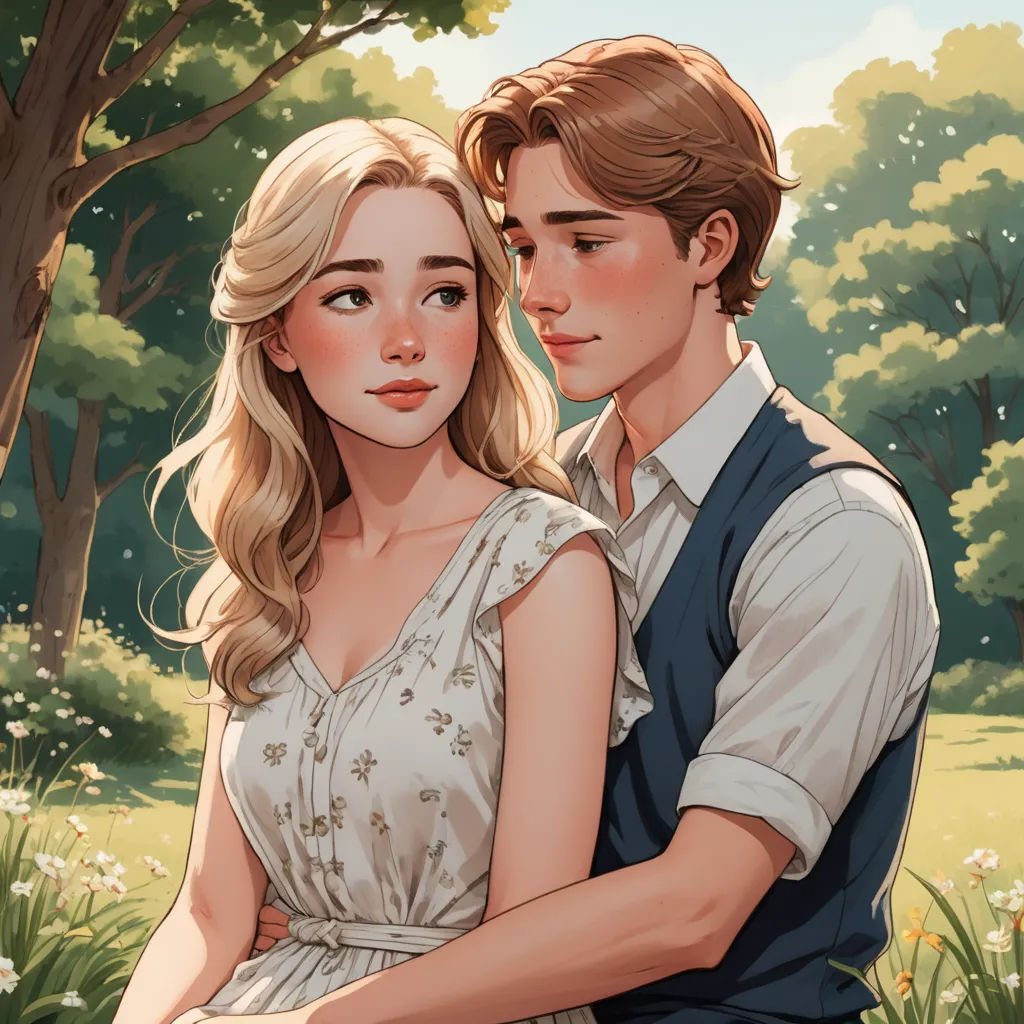 a couple is hugging in the woods by a tree and flowers, with a man in a vest and a woman in a dress, romanticism, a storybook illustration, Evan Charlton, rossdraws global illumination