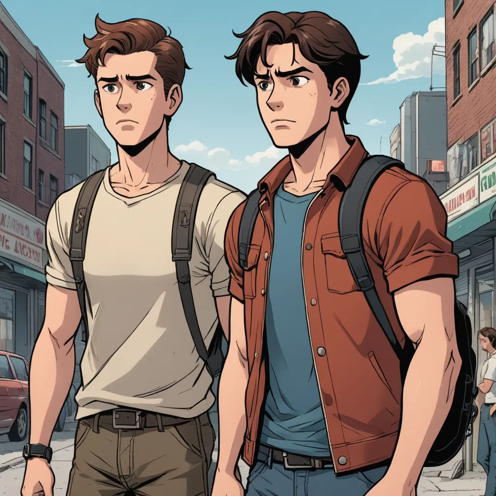 two men standing next to each other on a street corner with buildings in the background and a car parked on the side of the street, sots art, a comic book panel, Clark Voorhees, graphic novel