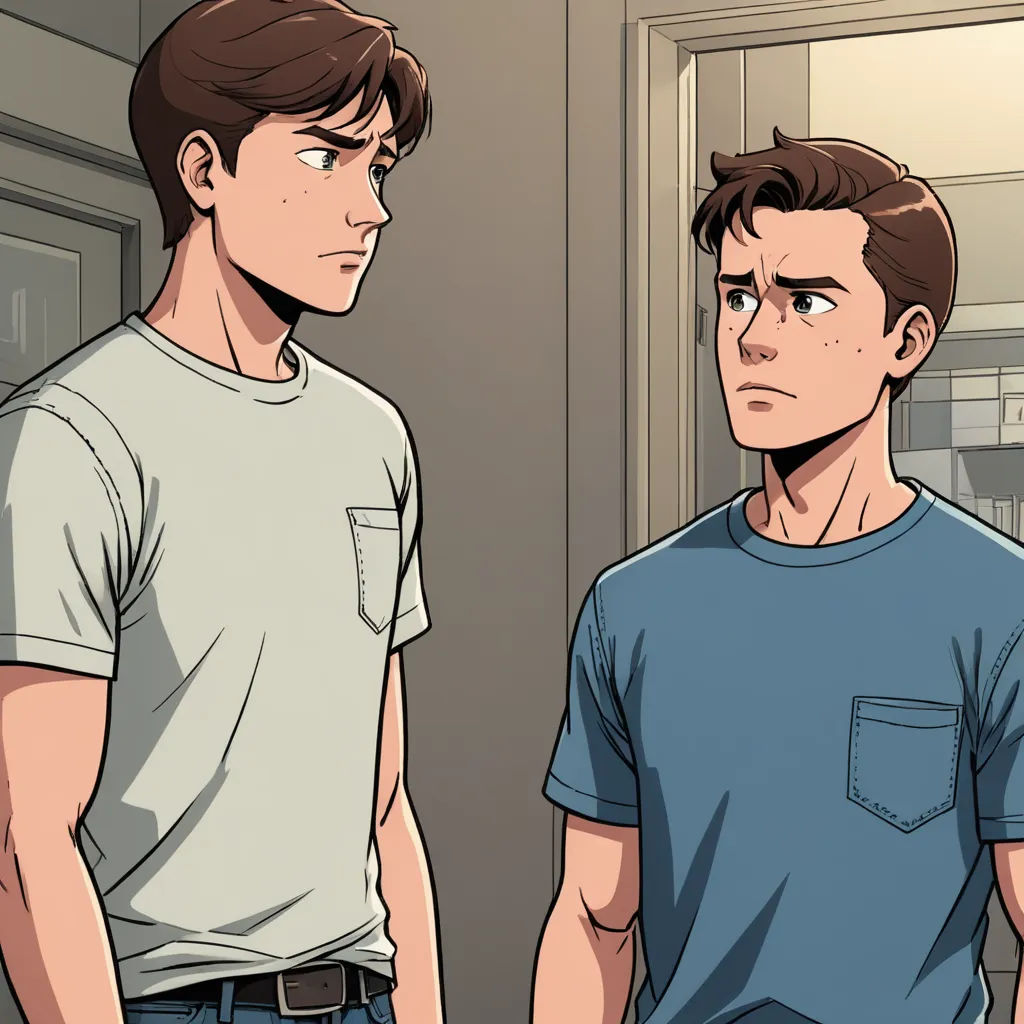 two men standing next to each other in a room with a door open and a window open to the other side, sots art, a comic book panel, Clark Voorhees, kinkade