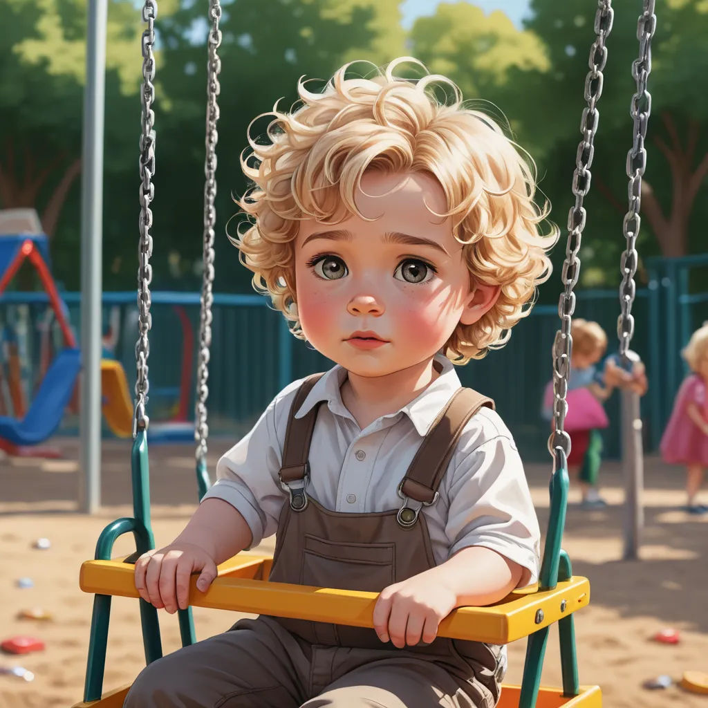 a little boy sitting on a swing in a playground with a playground in the background and a playground with swings and swings, photorealism, a photorealistic painting, David Park, ultra realistic digital art