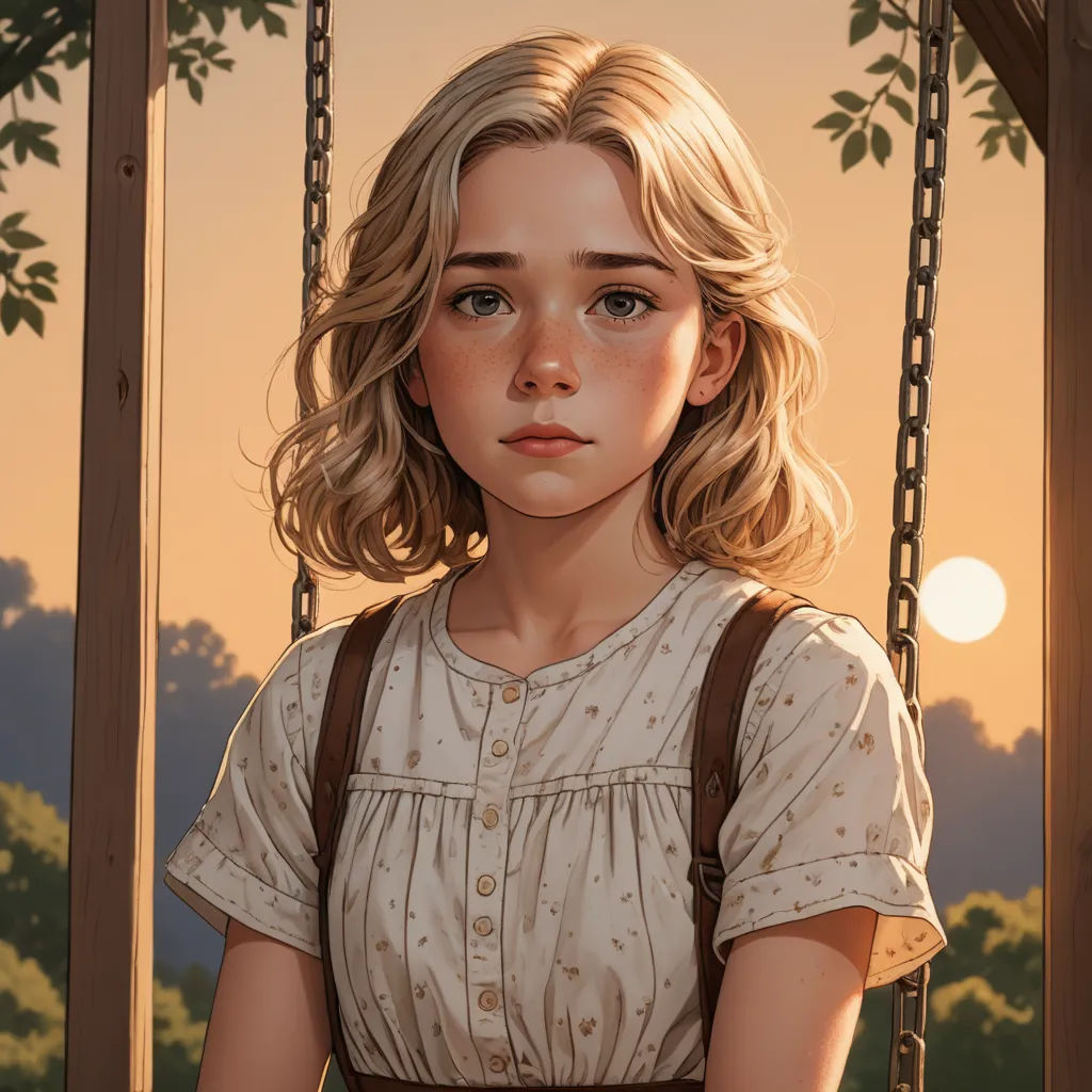 a painting of a girl on a swing at sunset with a tree in the background and a sun setting, fantasy art, a detailed painting, Constance Gordon-Cumming, stanley artgerm lau