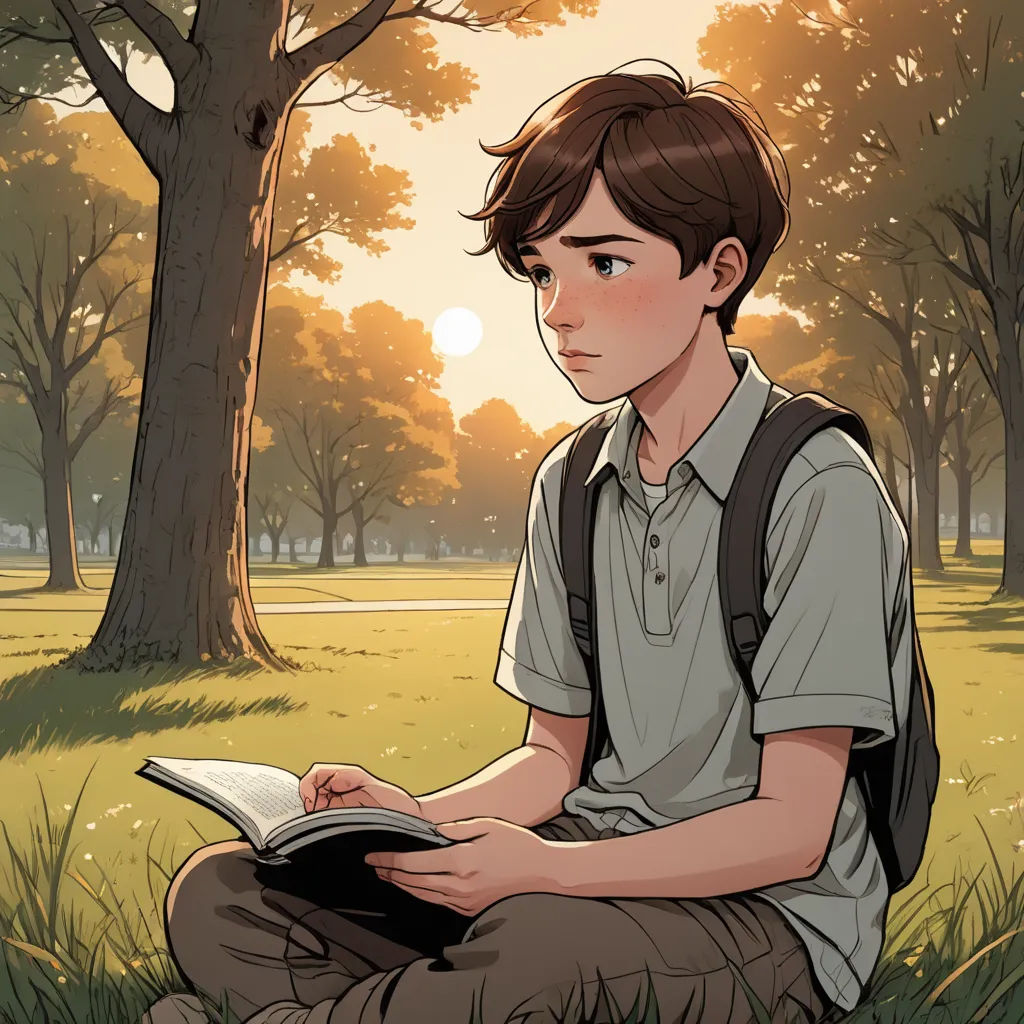 a boy sitting in the grass reading a book in the park at sunset or sunrise time, with trees and grass in the background, context art, a comic book panel, Aaron Jasinski, rossdraws global illumination