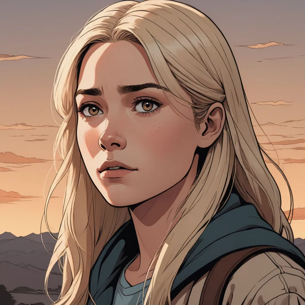 a woman with blonde hair and a blue shirt is looking at the camera with a mountain in the background, context art, a character portrait, Charlie Bowater, character portrait