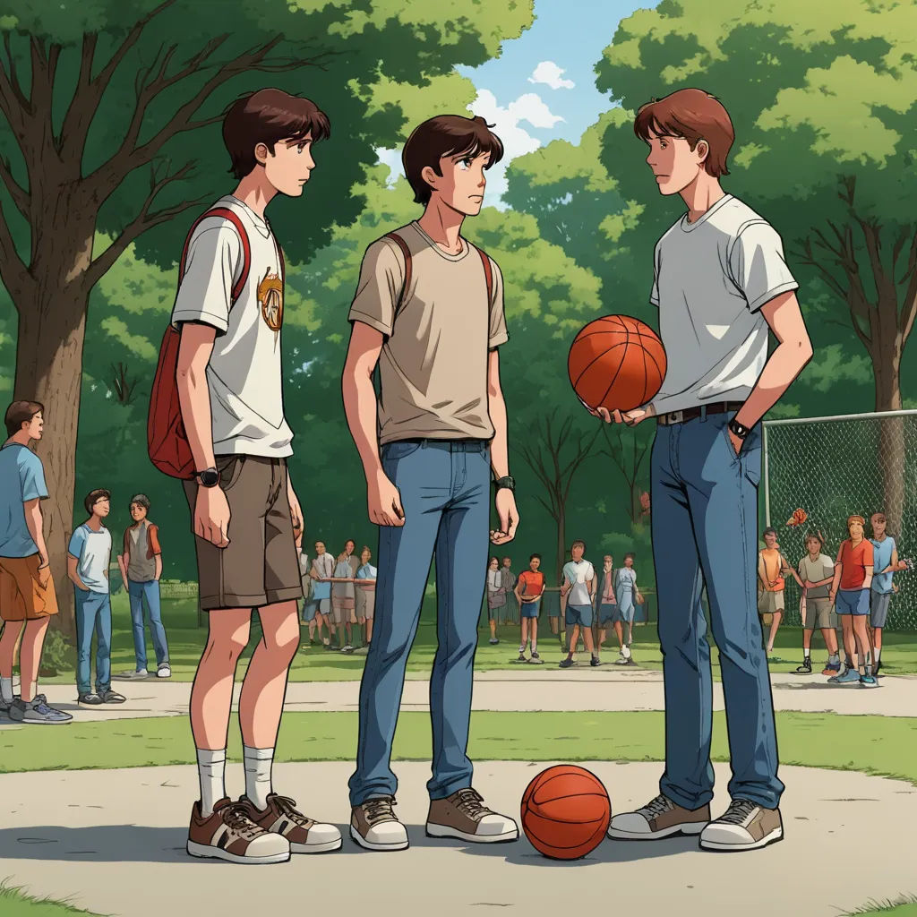 two young men standing next to each other with a basketball in hand and people watching from the sidelines, serial art, concept art, Brothers Hildebrandt, official art