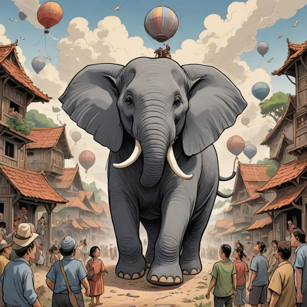 a painting of an elephant with people watching it in the background and hot air balloons flying above it in the sky, Chris LaBrooy, magical realism, a comic book panel, highly detailed digital painting