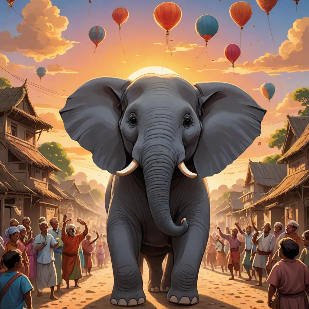a painting of an elephant standing in front of a crowd of people with balloons flying above it and a sunset in the background, Chris LaBrooy, magical realism, a storybook illustration, highly detailed digital painting