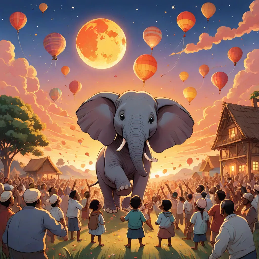 a painting of an elephant standing in front of a crowd of people with hot air balloons flying above it, Chris LaBrooy, magical realism, a storybook illustration, storybook illustration