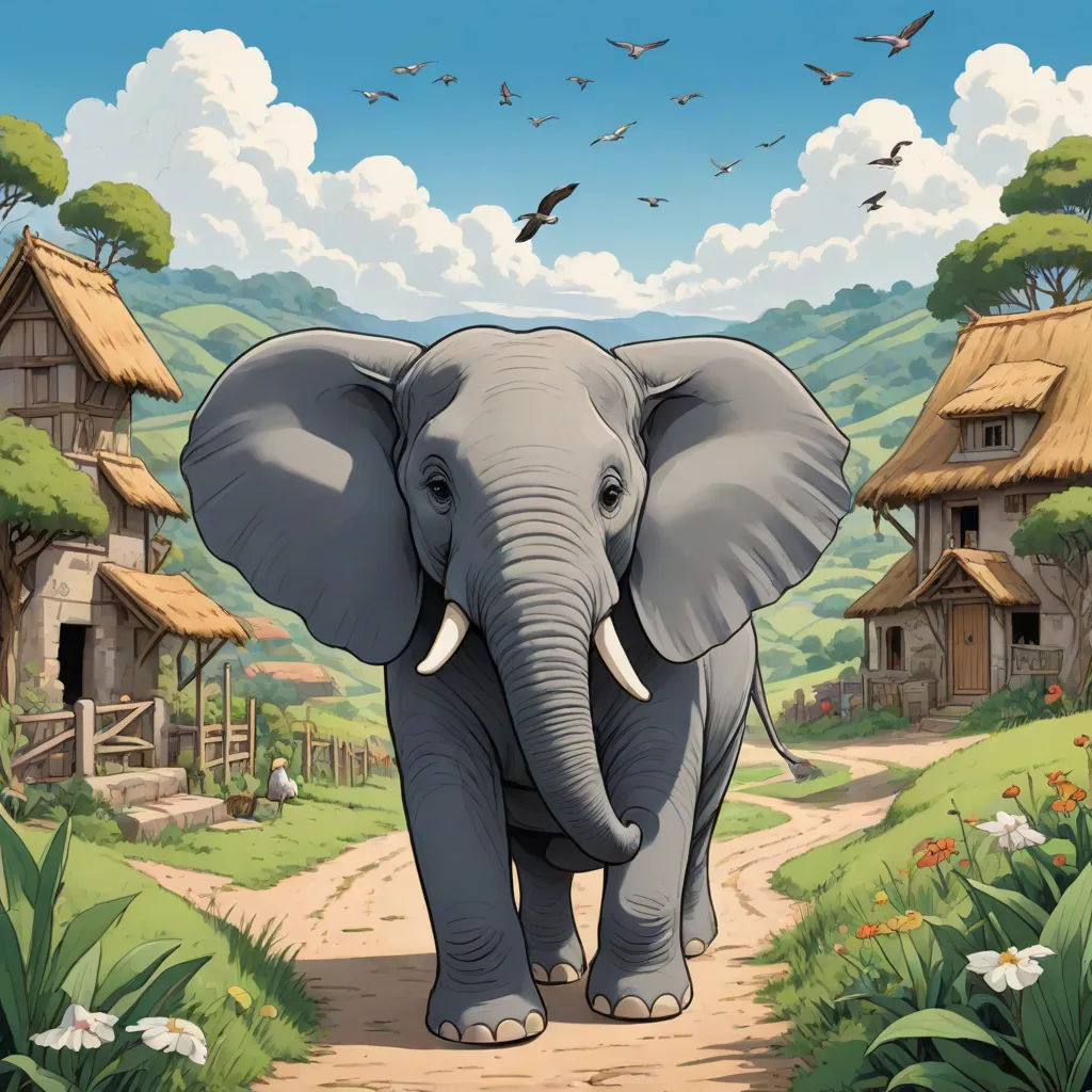 a large elephant walking down a dirt road next to a forest filled with trees and birds on a sunny day, Chris LaBrooy, fantastic realism, a storybook illustration, storybook illustration