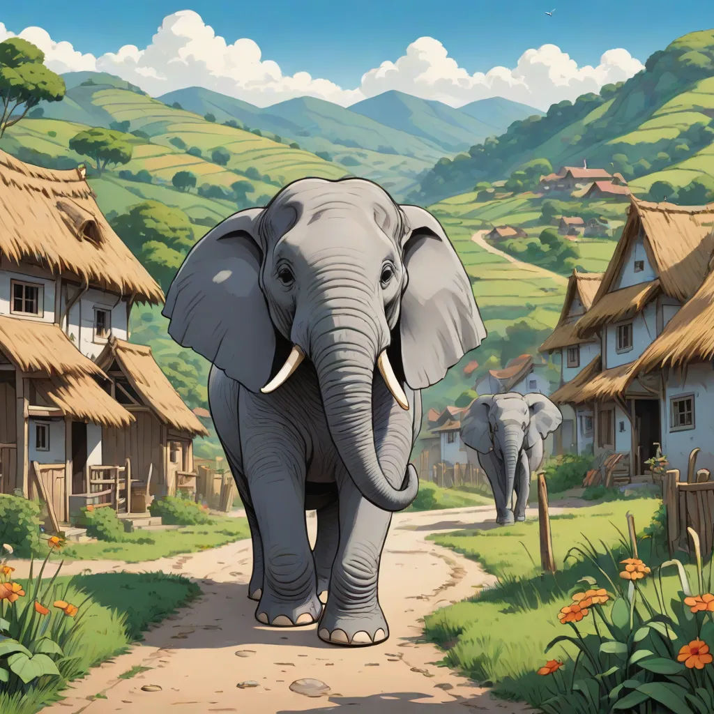 an elephant walking down a dirt road next to a village with thatched roofs and a few houses on the hill, Chris LaBrooy, fantastic realism, a detailed matte painting, 2 d game art