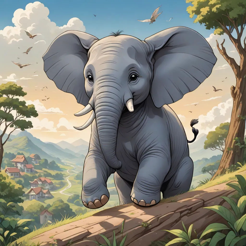 a cartoon elephant is walking on a log in the jungle with a bird flying above it and a village in the background, Chris LaBrooy, fantasy art, a storybook illustration, magic the gathering artwork
