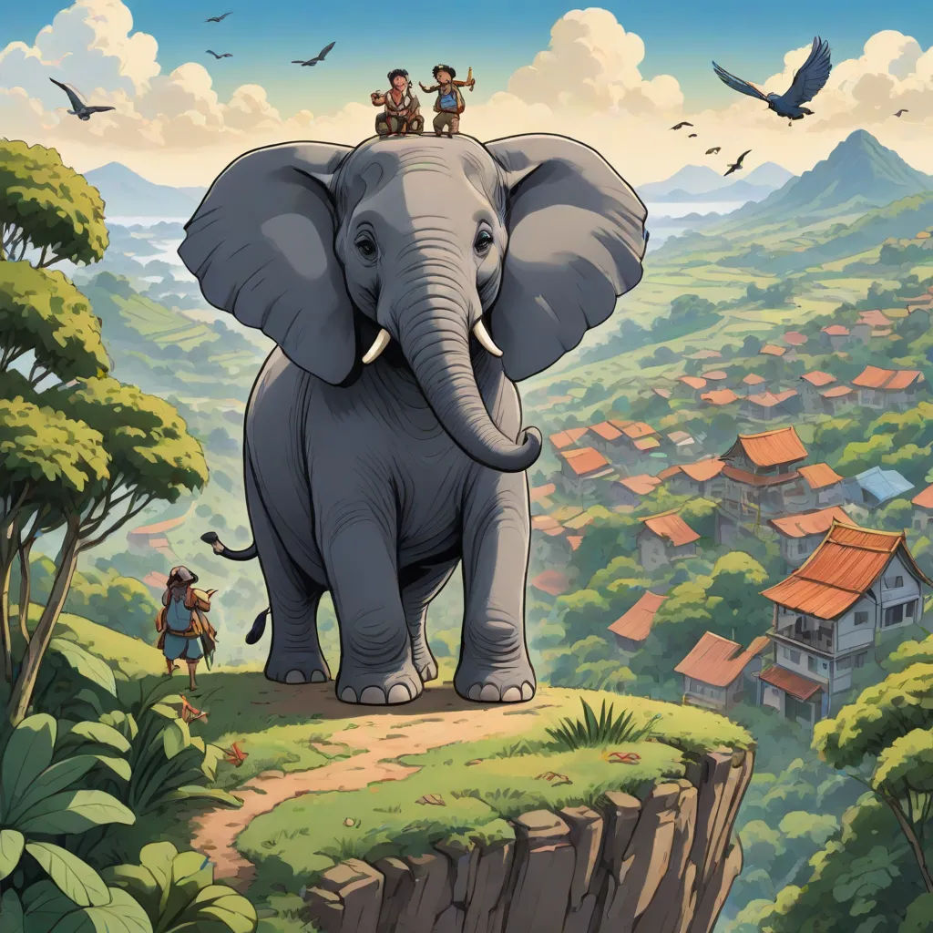 a cartoon elephant with a man riding on top of it's head on a cliff above a village, Chris LaBrooy, magical realism, a storybook illustration, official art