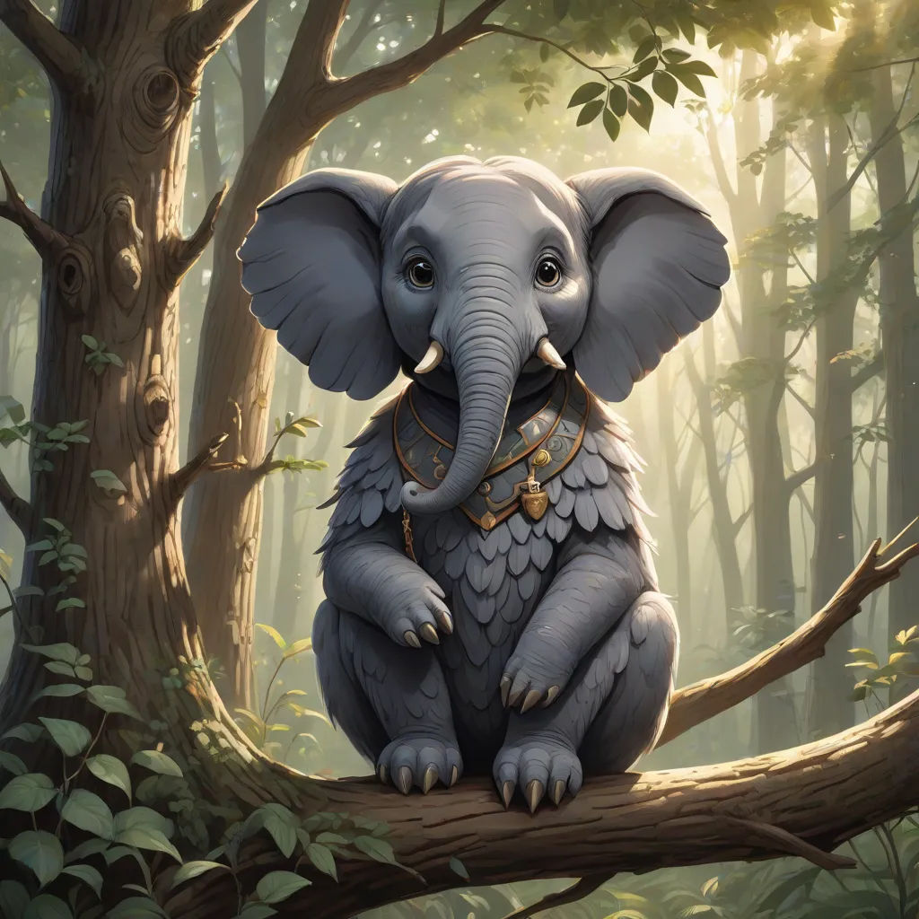 a painting of an elephant sitting on a tree branch in a forest with a forest background and sunlight coming through the trees, Ed Binkley, fantasy art, a storybook illustration, magic the gathering artwork