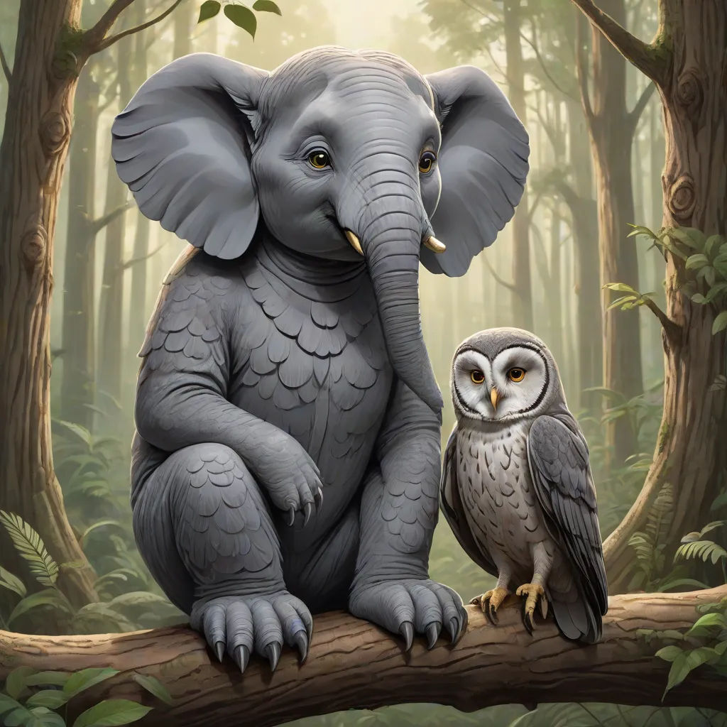 a painting of an elephant and an owl sitting on a tree branch in a forest with trees and foliage, Chris LaBrooy, pop surrealism, a storybook illustration, highly detailed digital painting