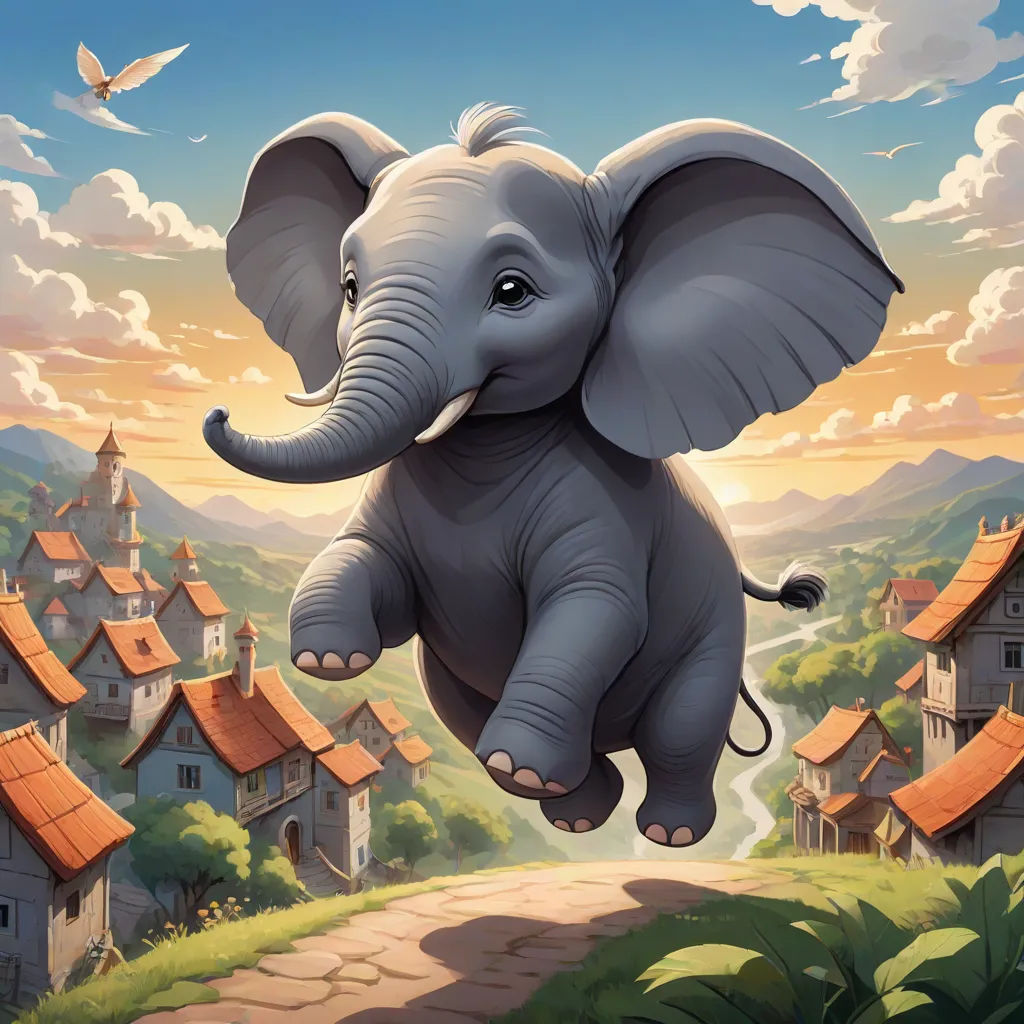 a cartoon elephant is flying over a village with a bird flying above it and a bird flying above it, Chris LaBrooy, magical realism, a storybook illustration, magic the gathering artwork