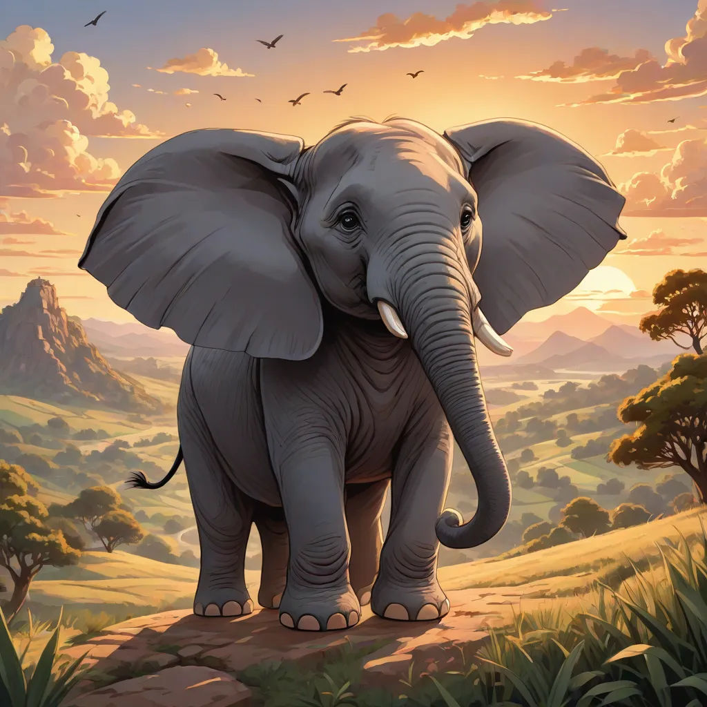 a painting of an elephant standing on a hill with a sunset in the background and birds flying overhead in the sky, Chris LaBrooy, fantastic realism, an airbrush painting, magic the gathering artwork