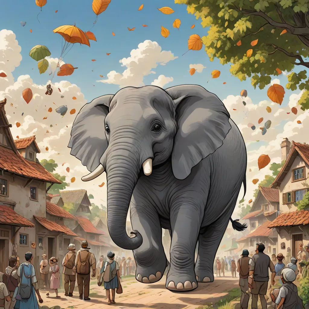 a painting of an elephant walking down a street with people watching it from the side of the road and a group of people standing on the side of the street, Chris LaBrooy, fantastic realism, a storybook illustration, magic the gathering artwork