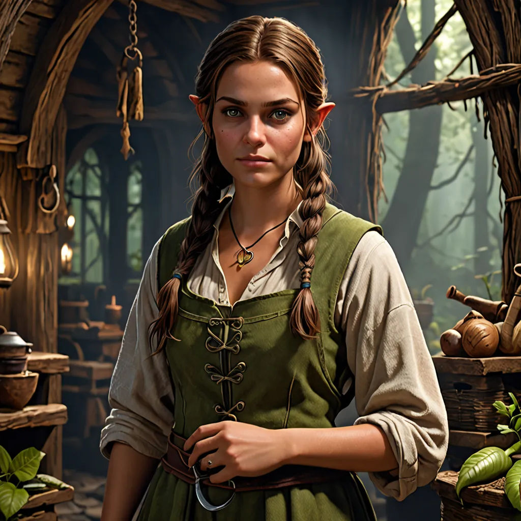 a woman in a green dress standing in a room with a potted plant and a lantern on the ceiling, fantasy art, a character portrait, Clint Cearley, unreal engine 5 highly rendered
