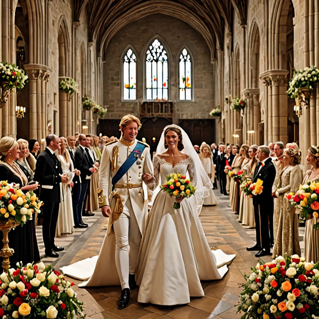 a couple walking down a aisle in a church together with a crowd of people watching them from the aisle, international gothic, a storybook illustration, Claire Dalby, fantastically gaudy