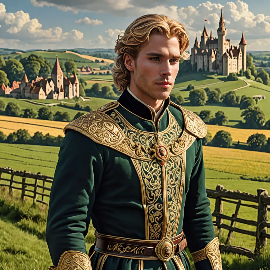 a man in a green and gold outfit standing in a field with a castle in the background and a fence, fantasy art, a detailed matte painting, Cedric Seaut (Keos Masons), official art