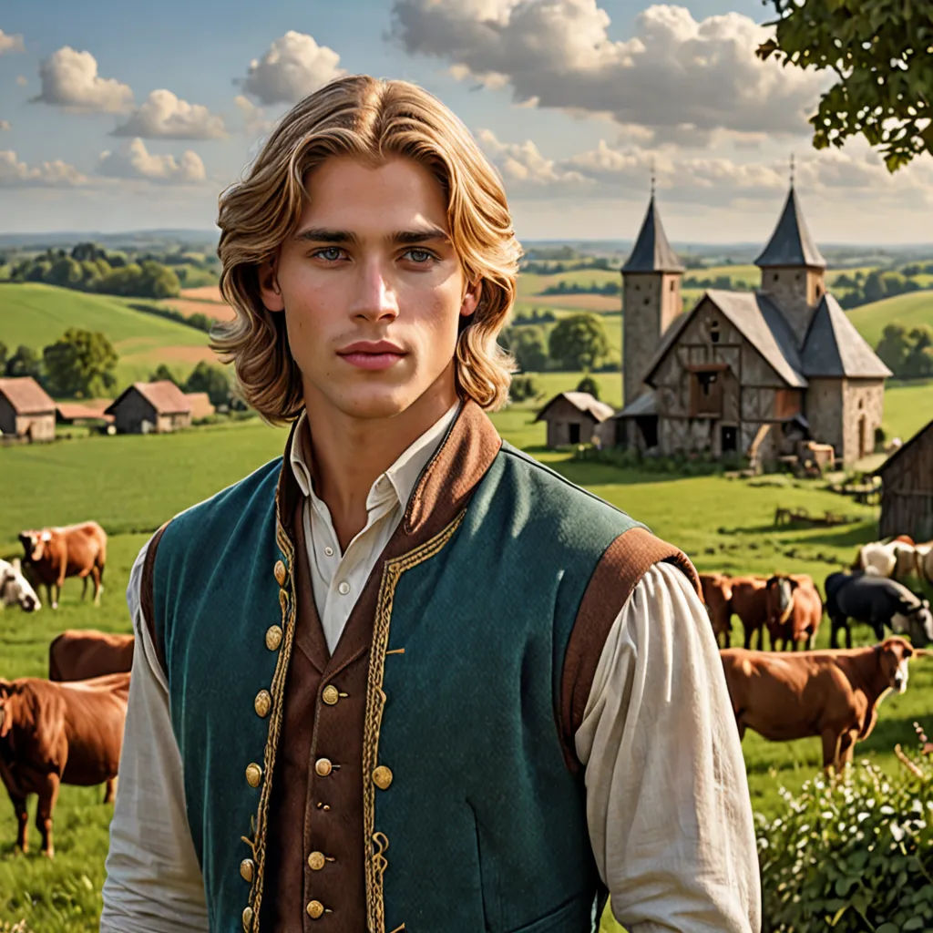 a man in a green vest standing in front of a herd of cows in a field with a castle in the background, pre-raphaelitism, a matte painting, Cedric Seaut (Keos Masons), pre - raphaelite