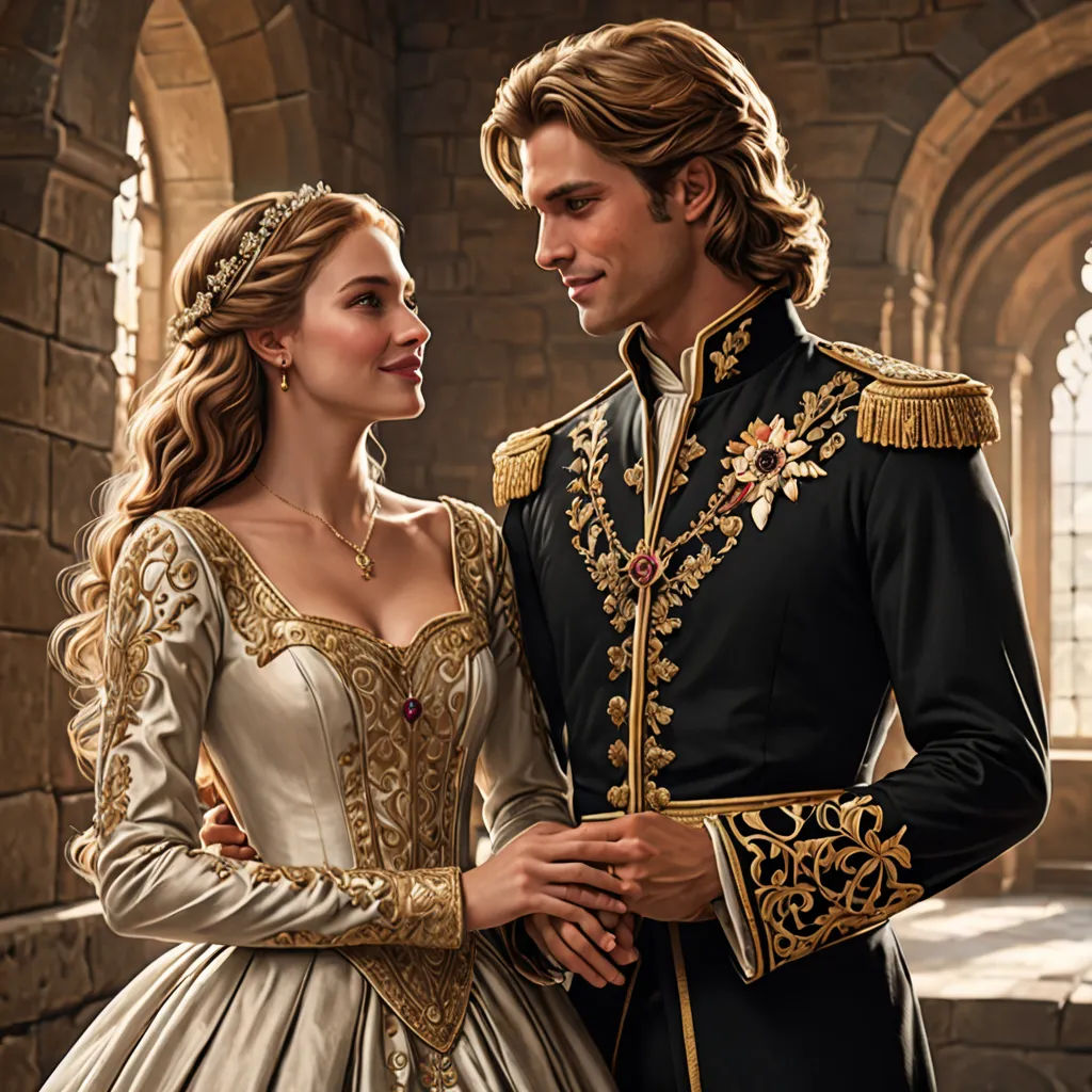 a man and a woman dressed in medieval clothing standing next to each other in a castle like setting with stone walls, magical realism, a detailed painting, Edward George Handel Lucas, official art