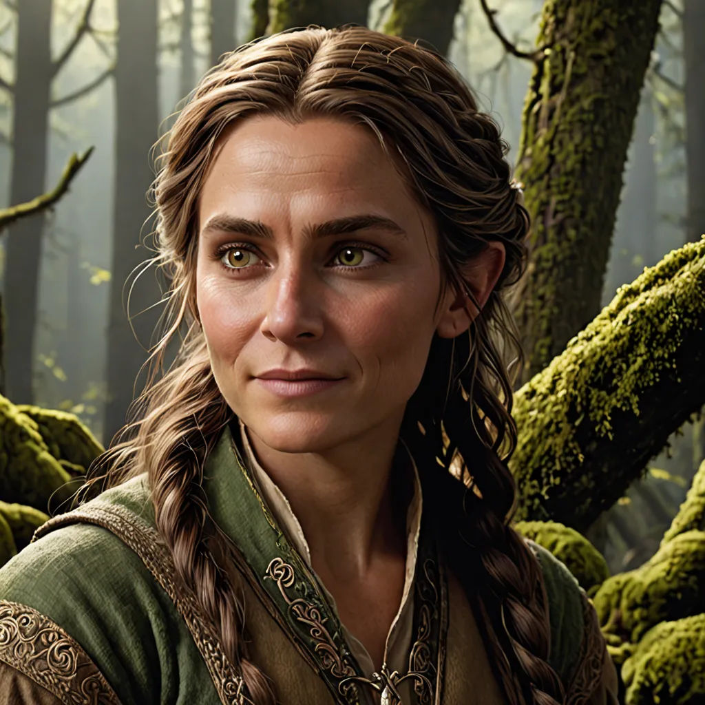 a woman with braids and a green shirt in a forest with mossy trees and a tree trunk, photorealism, a photorealistic painting, Ada Hill Walker, photoreal