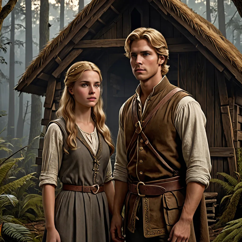 a man and a woman standing in front of a cabin in the woods with a forest background and a forest house, international gothic, a detailed matte painting, Ada Gladys Killins, promotional image