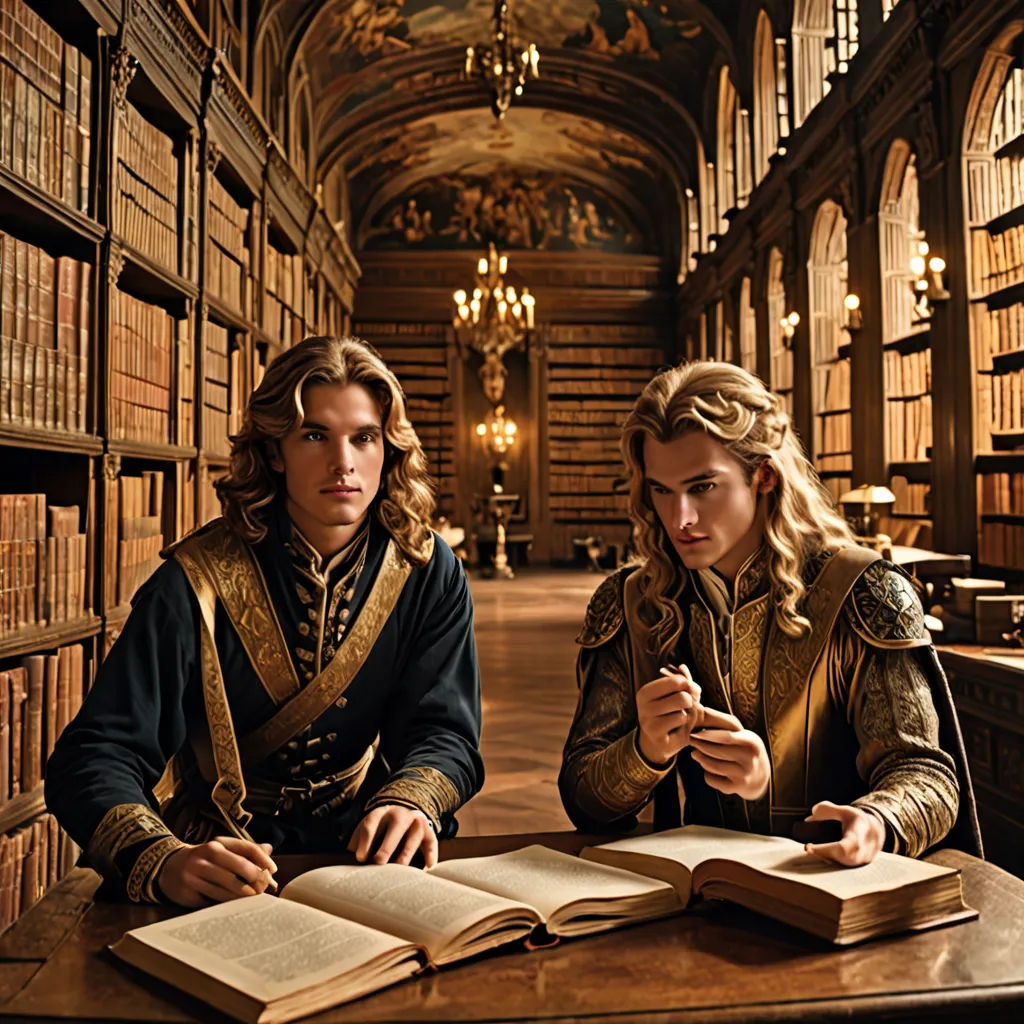 two people sitting at a table in a library with books on it and a chandelier hanging from the ceiling, mannerism, a flemish Baroque, David Teniers III, movie still
