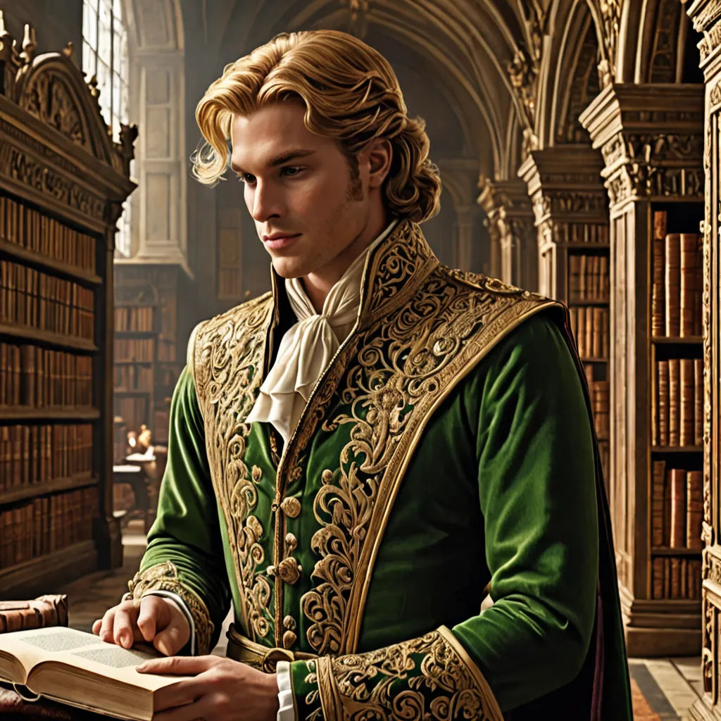 a man in a green and gold outfit reading a book in a library with a bookcase full of books, pre-raphaelitism, a storybook illustration, Cedric Seaut (Keos Masons), pre - raphaelite