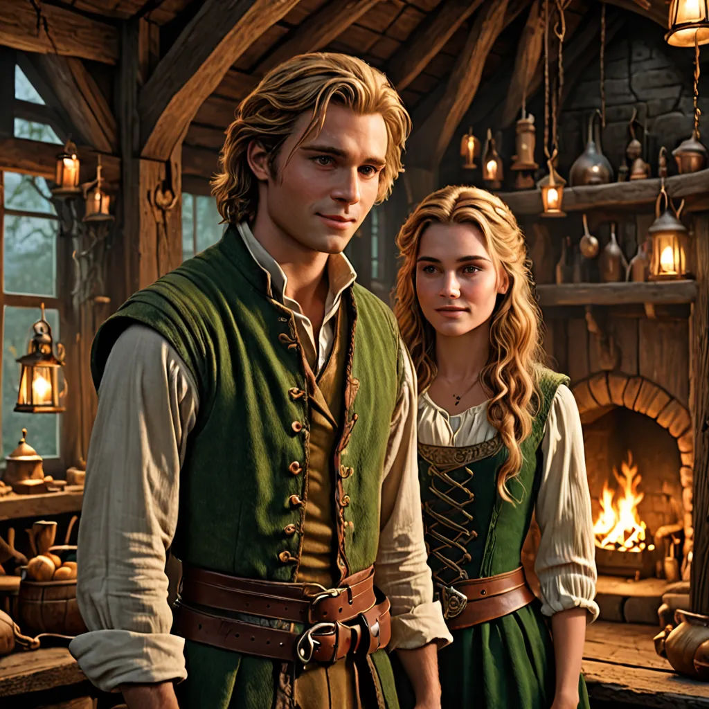 a man and a woman dressed in renaissance clothing standing in front of a fireplace in a room with wood floors, arts and crafts movement, a detailed matte painting, Anne Said, promotional image