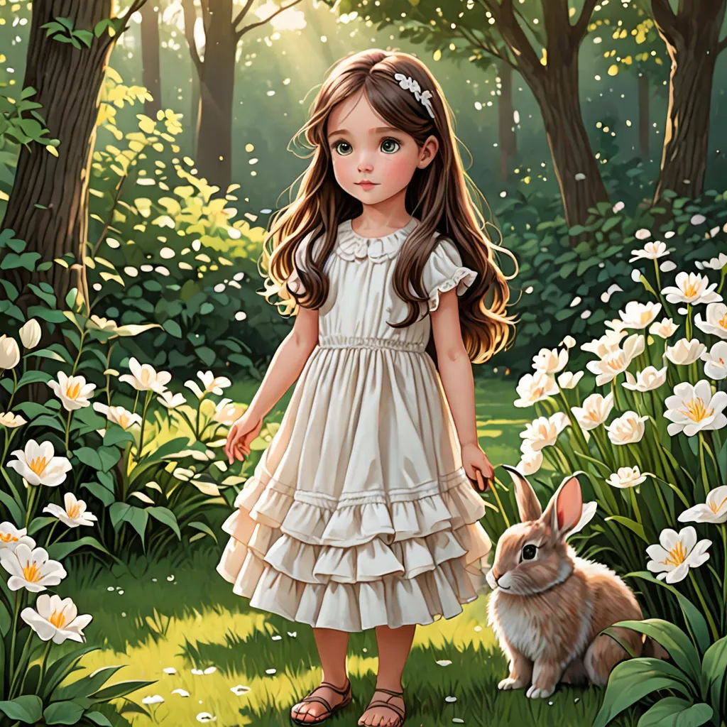a painting of a little girl standing in a forest with a bunny in front of her and a bunny in the background, fantasy art, a storybook illustration, Alice Prin, rossdraws global illumination