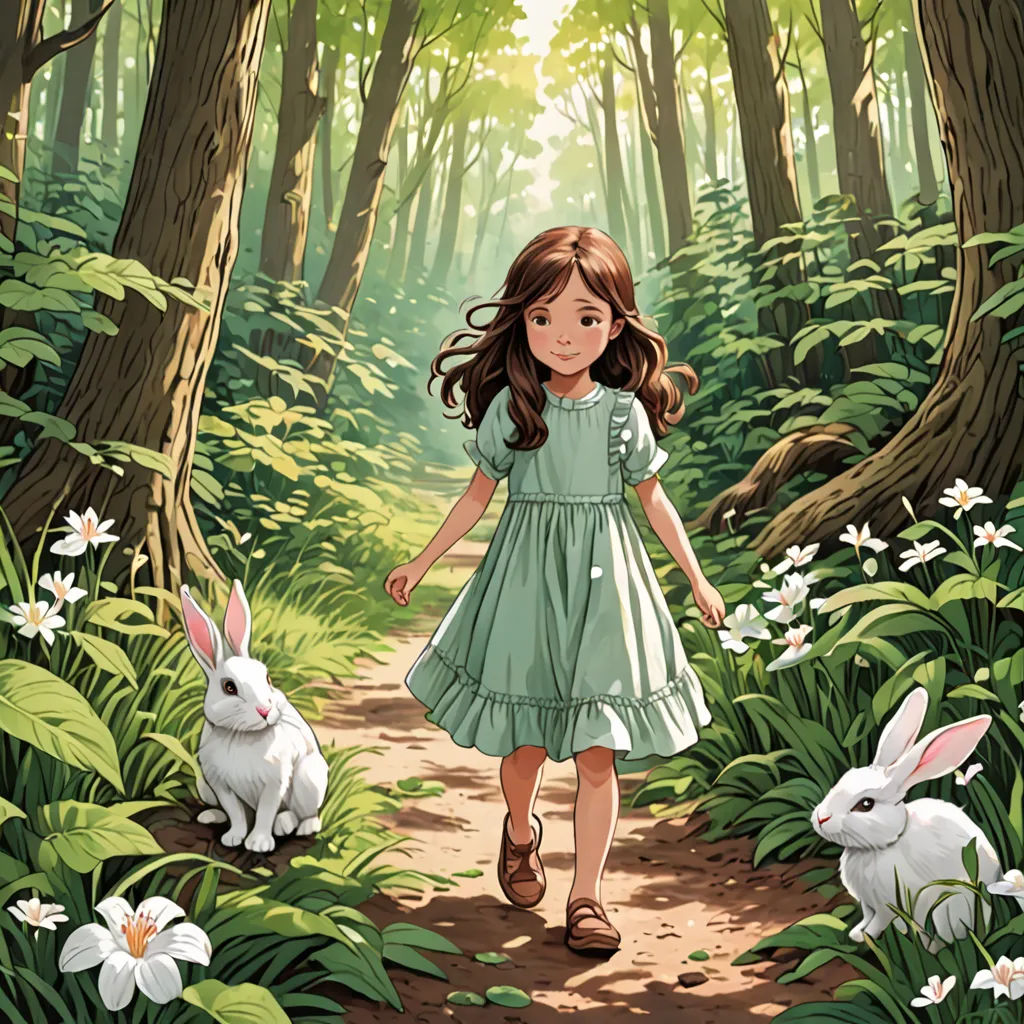 a girl in a green dress walking through a forest with two rabbits on a path between trees and flowers, magical realism, a storybook illustration, Alice Prin, ghibli