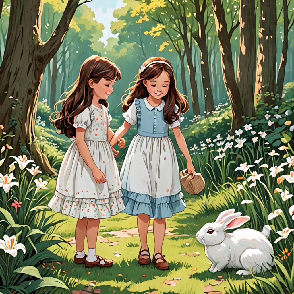 two little girls are walking through a forest with a bunny rabbit in hand and a basket of flowers in the foreground, magical realism, a storybook illustration, Alice Prin, official art