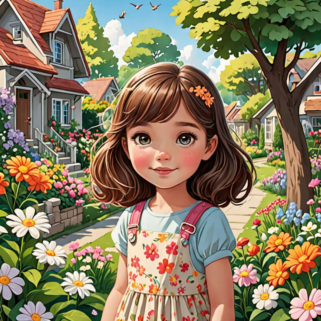 a painting of a girl in a flower garden with a house in the background and a bird flying overhead, naive art, a storybook illustration, Claire Hummel, kinkade