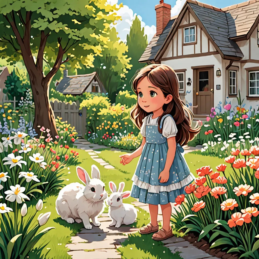 a little girl standing next to a white rabbit in a garden with flowers and a house in the background, fantasy art, a storybook illustration, Alice Prin, storybook illustration
